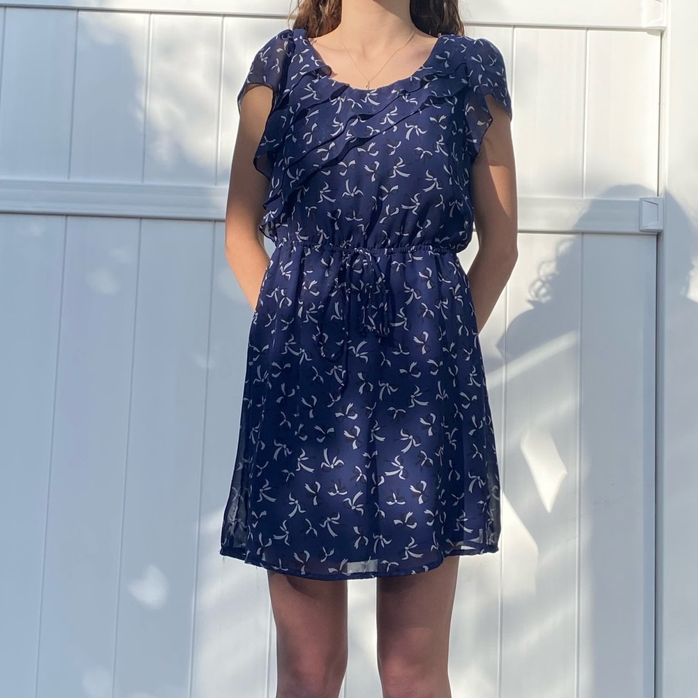 Belle Du Jour | Navy Ribbons Dress, Scoop Neck Ruffle Bodice